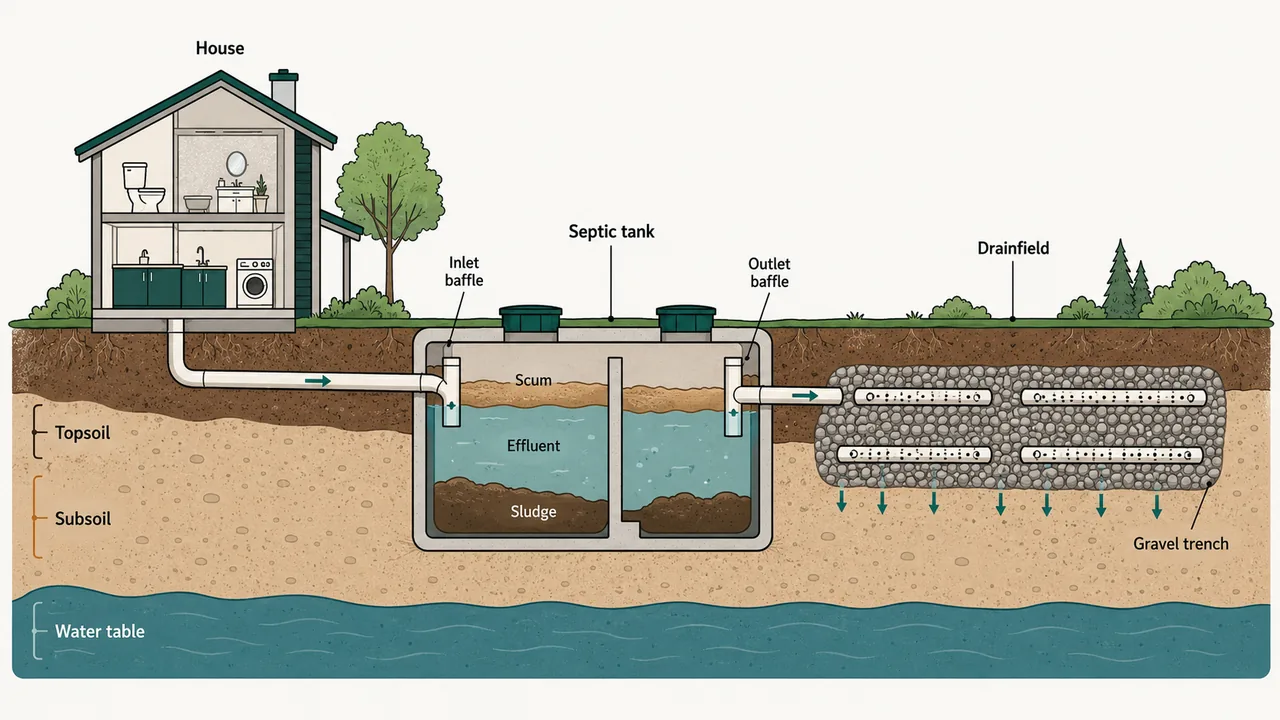 Cutaway of a home septic system: house to tank to drainfield, with soil layers and water table